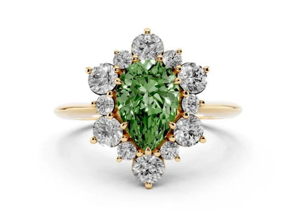 Fancy Green Pear Cut Diamond Cluster Halo Ring with Solitaire Band and Four-Prong Setting Yellow gold