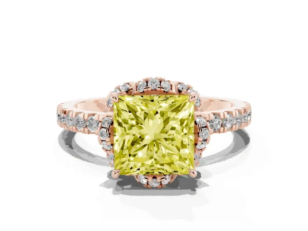 Fancy Yellow Princess Cut Diamond Halo Pave Band with Four-Prong Setting Rose gold