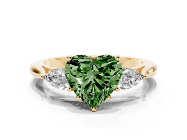 Fancy Green Three-Stone Heart Cut Brilliant Diamond Solitaire Ring with Tapered Band and Four-Prong Setting Yellow gold