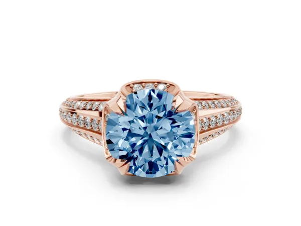 Fancy Blue Round Cut Solitaire Pave Split Shank Ring with Four-Prong Setting Rose gold