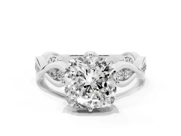 Cushion Cut Solitaire Twist Band with Leaf Prong Setting Platinum