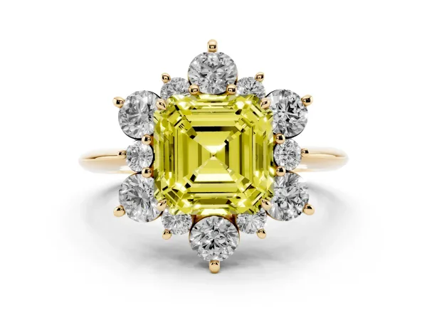 Fancy Yellow Asscher Cut Diamond Cluster Halo Ring with Solitaire Band and Four-Prong Setting Yellow gold