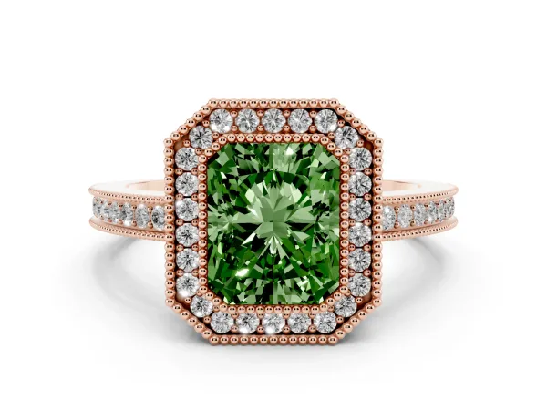 Fancy Green Radiant Cut Cut Halo Diamond Ring with Pavé Band and Milgrain Prong Setting Rose gold