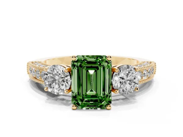 Fancy Green Emerald Cut Three-Stone Diamond Ring with Pavé Band and Four-Prong Setting Yellow gold