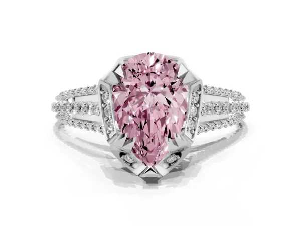 Fancy Pink Pear Cut Solitaire Pave Split Shank Ring with Four-Prong Setting Platinum