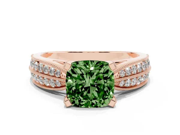 Fancy Green Cushion Cut Diamond Solitaire Ring with Milgrain Round Pavé Band and Prong Setting Rose gold