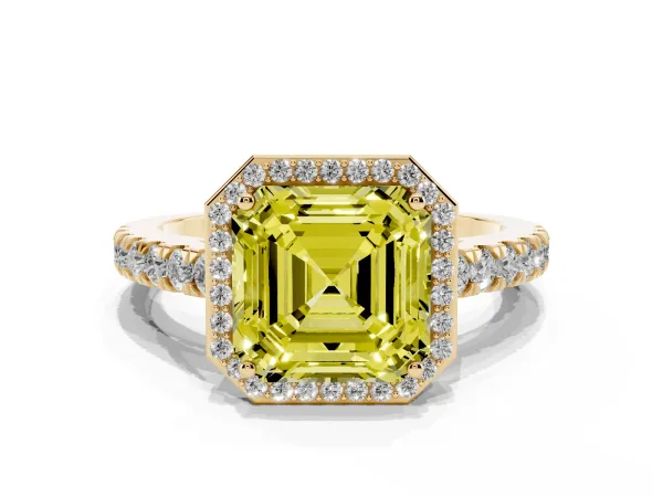 Fancy Yellow Asscher Cut Cut Halo Diamond Engagement Ring with Pave Band and Four-Prong Setting Yellow gold