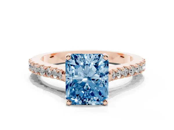 Fancy Blue Radiant Cut Cut Solitaire Diamond Engagement Ring with Pave Band and Four-Prong Setting Rose gold