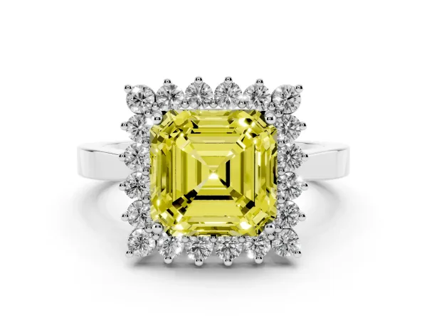 Fancy Yellow Asscher Cut Cut Diamond Halo Ring with Round Brilliant Halo and Solitaire Band Platinum
