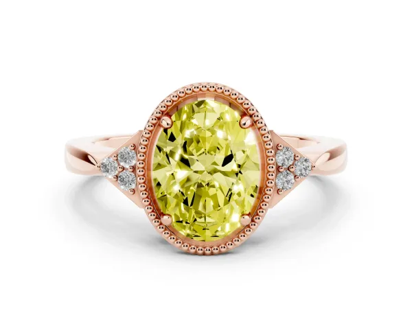 Fancy Yellow Hexagonal Halo Oval Cut Diamond Solitaire with Pavé Band and Four-Prong Setting Rose gold