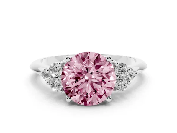 Fancy Pink Round Cut Cut Diamond Cluster Ring with Solitaire Band and Four-Prong Setting White gold