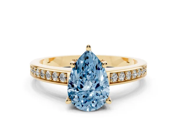 Fancy Blue Pear Cut Solitaire Pavé Band Prong Setting Ring Yellow gold