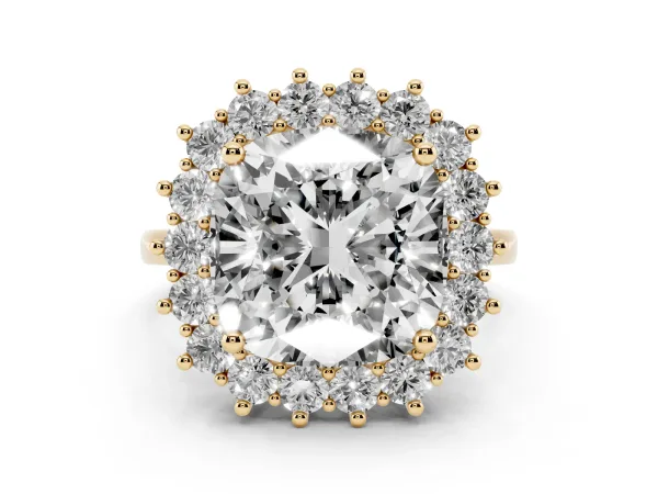 Cushion Diamond Halo Engagement Ring with Round Diamond Accents Yellow gold