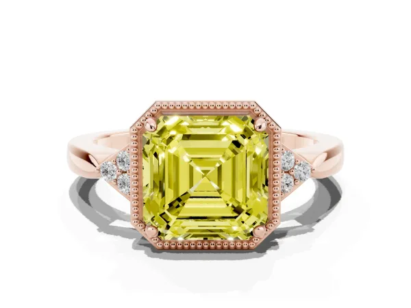 Fancy Yellow Hexagonal Halo Asscher Cut Diamond Solitaire with Pavé Band and Four-Prong Setting Rose gold