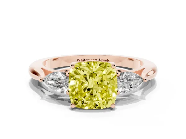 Fancy Yellow Cushion Cut Diamond Three-Stone Ring with Pear Side Stones and Prong Setting Rose gold