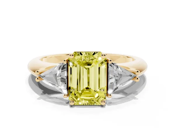 Fancy Yellow Three-Stone Emerald Cut Diamond Engagement Ring with Trillion Side Stones and Prong Setting Yellow gold