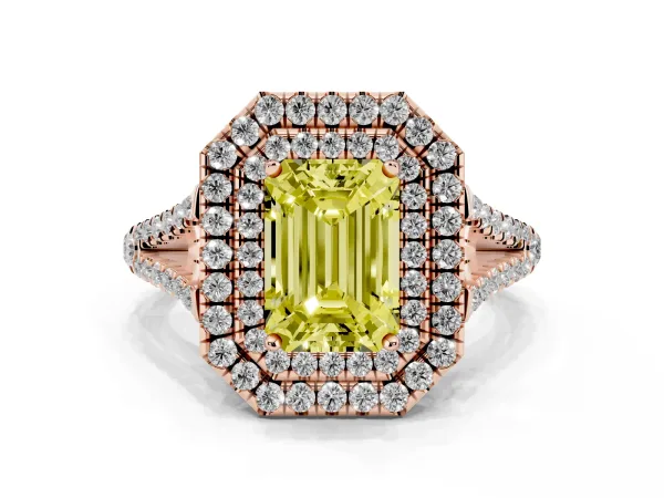 Fancy Yellow Emerald Cut Diamond Double Halo Ring with Pavé Band and Prong Setting Rose gold