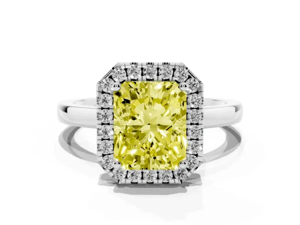 Fancy Yellow Radiant Cut Halo Diamond Solitaire with Pavé Band and Four-Prong Setting White gold