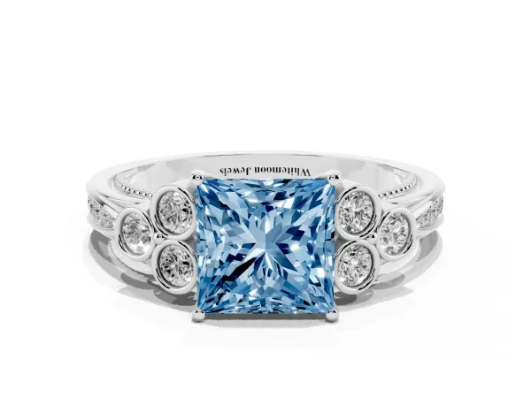 Fancy Blue Princess Cut Cut Diamond Engagement Ring with Bezel Set Round Side Stones and Prong Setting Platinum
