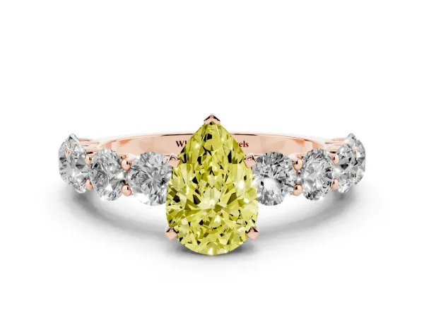 Fancy Yellow Pear Cut Diamond Prong Setting with Side Stones on a Pave Band Rose gold