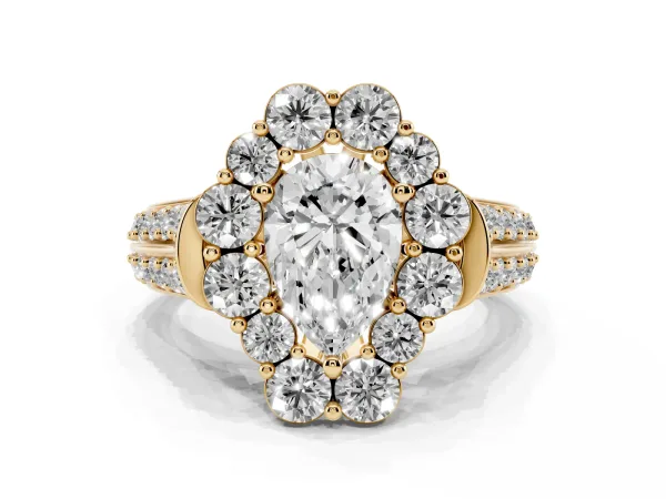 Pear Cut Halo Diamond Engagement Ring with Split Shank and Prong Setting Yellow gold