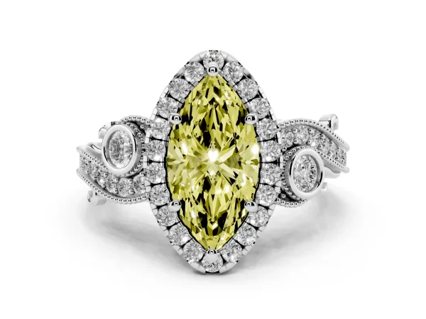 Fancy Yellow Marquise Cut Halo Diamond Ring with Milgrain and Bezel Accents on a Split Shank Band Platinum