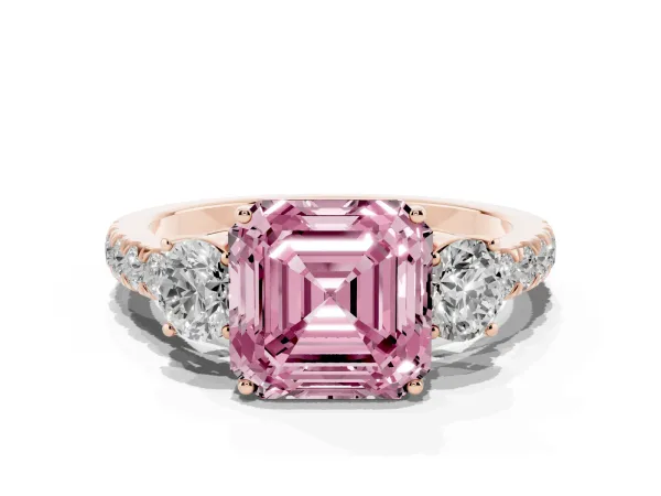 Fancy Pink Asscher Cut Cut Diamond Three-Stone Ring with Round Side Stones and Pavé Band Rose gold