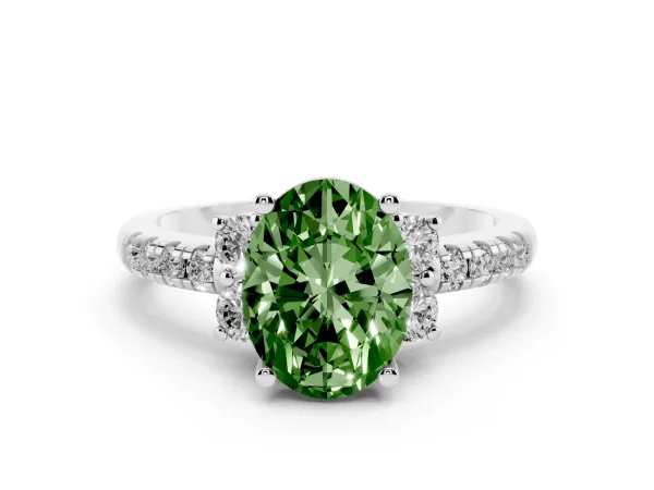 Fancy Green Oval Cut Diamond Three-Stone Pave Band with Four-Prong Setting Platinum