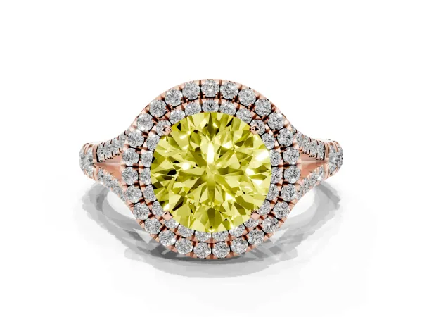 Fancy Yellow Round Cut Cut Double Halo Split Shank Diamond Ring with Prong Setting Rose gold