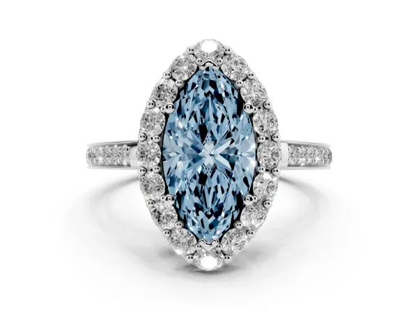 Fancy Blue Marquise Cut Diamond Floral Halo Ring with Pavé Band and Prong Setting White gold
