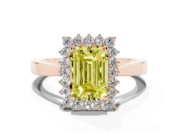 Fancy Yellow Emerald Cut Cut Diamond Halo Ring with Round Brilliant Halo and Solitaire Band Rose gold