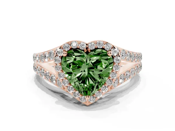 Fancy Green Heart Cut Diamond Split Shank Halo Ring with Four-Prong Setting Rose gold