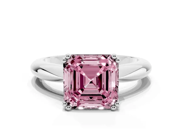 Fancy Pink Asscher Cut Cut Solitaire Engagement Ring with Tapered Band and Four-Prong Setting Platinum