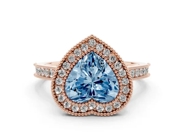 Fancy Blue Halo Heart Cut-Cut Diamond Pave Band Milgrain Prong Setting Ring Rose gold