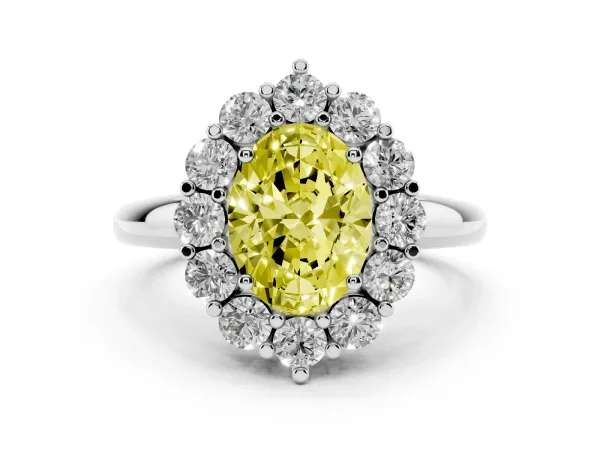 Fancy Yellow Oval Cut Halo Cluster Diamond Engagement Ring with Prong Setting and Polished Band White gold