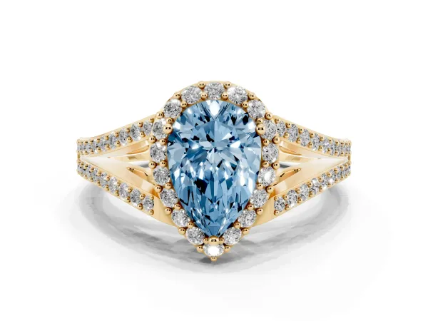 Fancy Blue Pear Cut Halo Split Shank Diamond Ring with Prong Setting Yellow gold