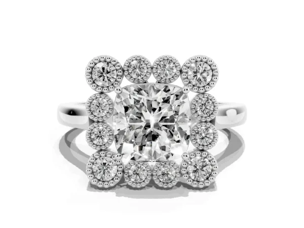 Cushion Cut Halo Diamond Cluster Engagement Ring with Milgrain Bezel Setting and Solitaire Band White gold