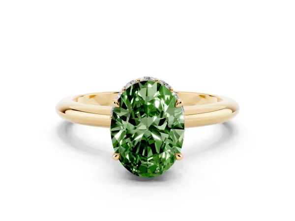 Fancy Green Oval Cut Brilliant Solitaire Engagement Ring with Six-Prong Setting and Classic Band Yellow gold