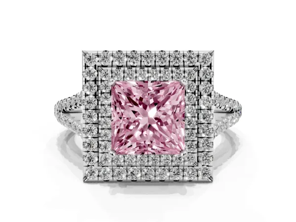 Fancy Pink Princess Cut Diamond Double Halo Ring with Pavé Band and Prong Setting Platinum