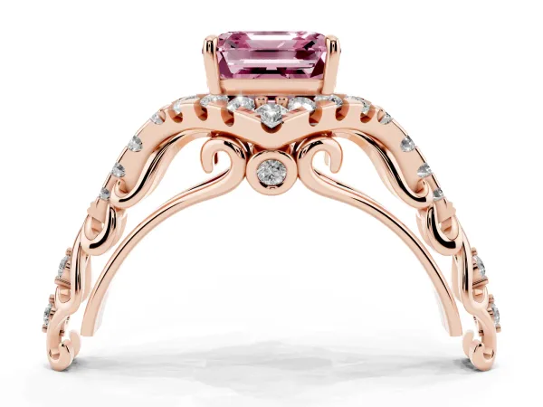 Fancy Pink Asscher Cut Diamond Solitaire Ring with Hidden Halo and Pavé Band Rose gold