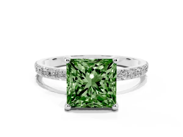 Fancy Green Princess Cut Diamond Solitaire Ring with Round Pavé Band and Prong Setting White gold