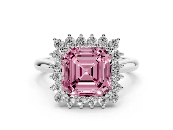 Fancy Pink Asscher Cut Cut Diamond Halo Ring with Solitaire Band and Prong Setting Platinum