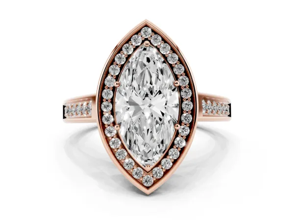 Marquise Cut Halo Solitaire Diamond Ring with Pave Band and Bezel Setting Rose gold