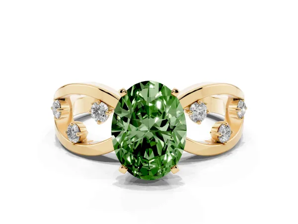 Fancy Green Oval Cut Cut Solitaire Diamond with Side Stones on Criss-Cross Band and Four-Prong Setting Yellow gold