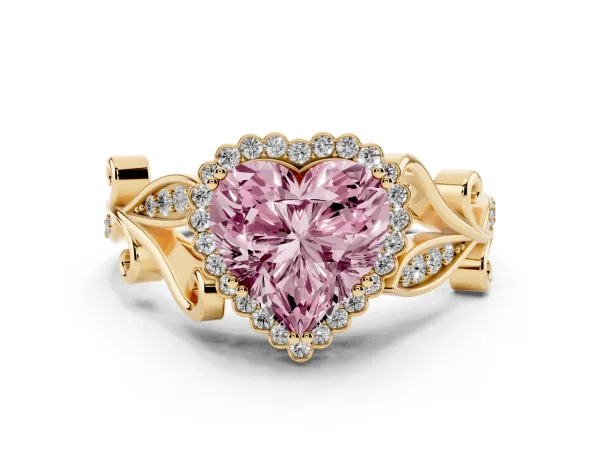Fancy Pink Heart Cut Diamond Halo Ring with Vintage Split Shank and Four-Prong Setting Yellow gold