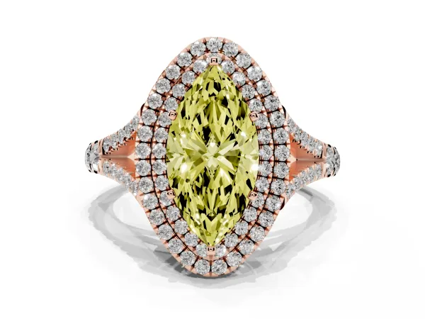 Fancy Yellow Marquise Cut Diamond Pavé Split Shank Double Halo Engagement Ring Rose gold