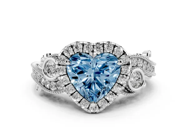 Fancy Blue Heart Cut Diamond Halo Ring with Milgrain Pavé Band and Four-Prong Setting Platinum