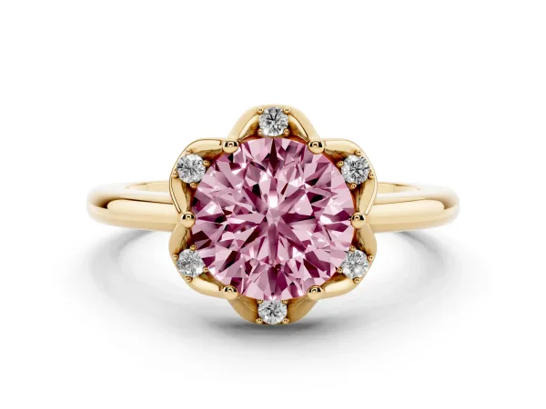 Fancy Pink Round Cut Halo Diamond Ring with Round Cluster Setting, Solitaire Band, and Four-Prong Setting Yellow gold