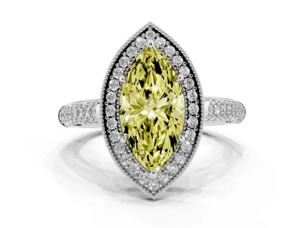 Fancy Yellow Marquise Cut Cut Halo Diamond Pave Band with Four-Prong Setting Platinum