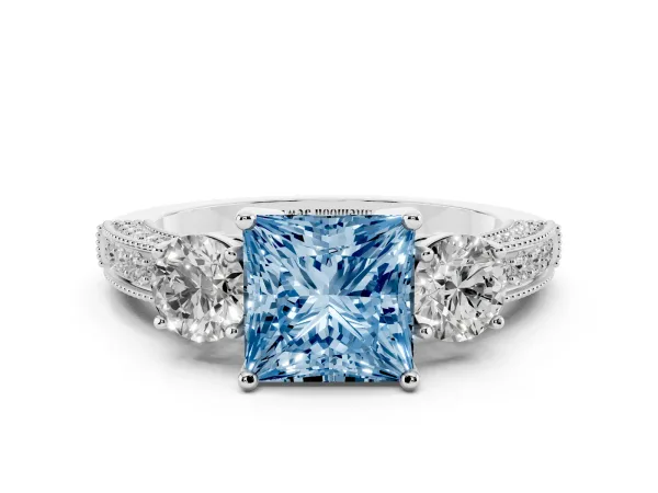 Fancy Blue Princess Cut Three-Stone Diamond Ring with Pavé Band and Four-Prong Setting White gold